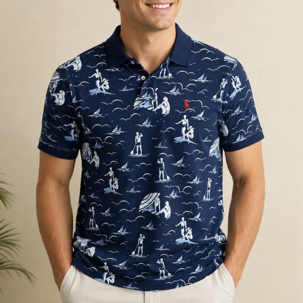 Polo Ralph Lauren Classic Fit Polo Shirt Surf Beach Print Navy Men’s Large L